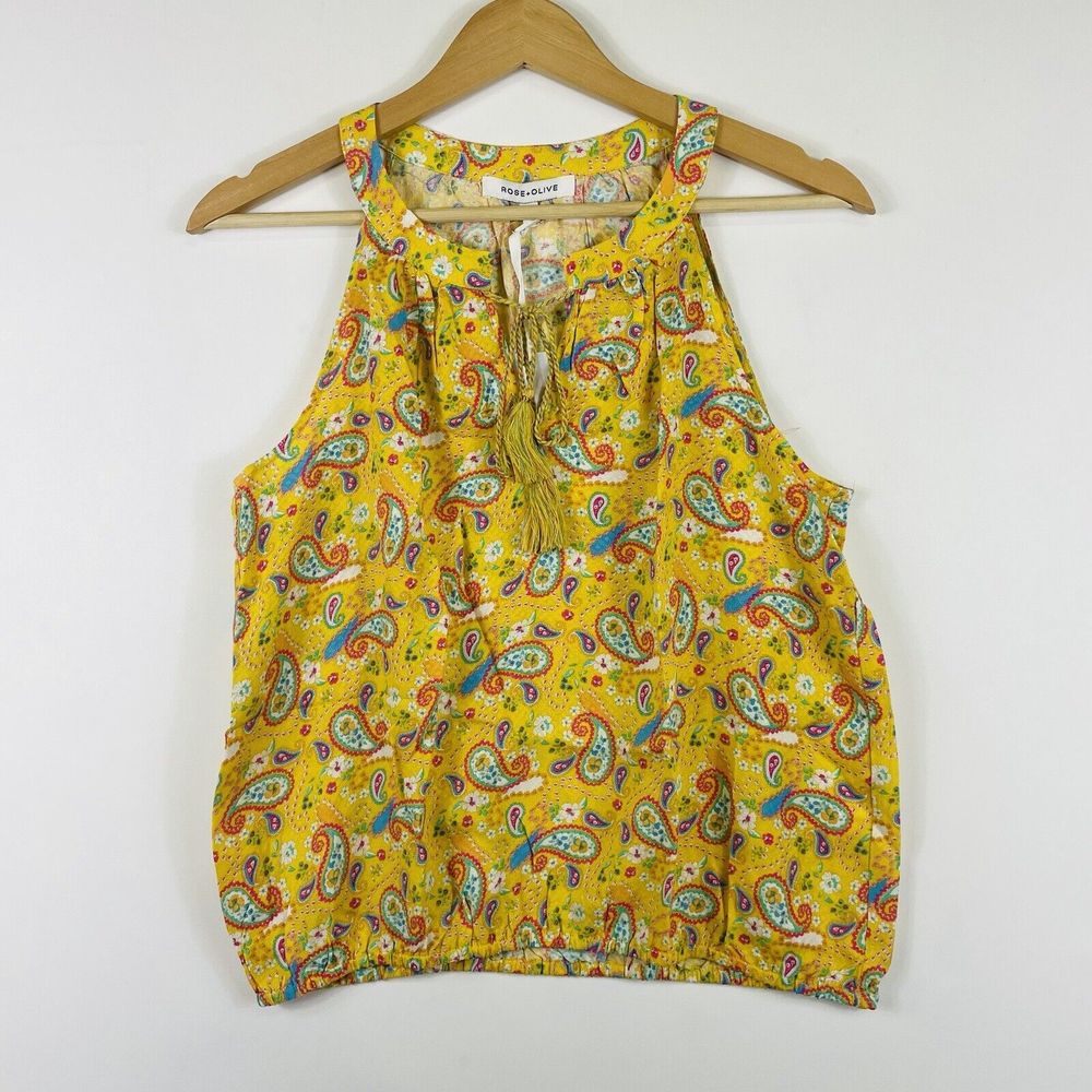 NEW Rose + Olive Women's Small Tank Top Yellow Paisley Sweet Feminine Cottage
